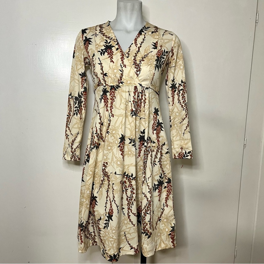 Vintage 70s Cream Floral Long Sleeve V Neck Knee Length Mini Dress